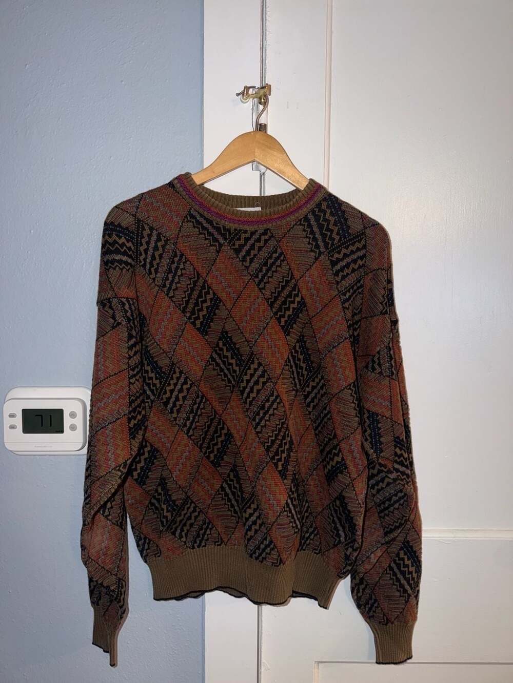 Vintage Brown Geometric Diamond Knit Pullover Grandpa Sweater Size L